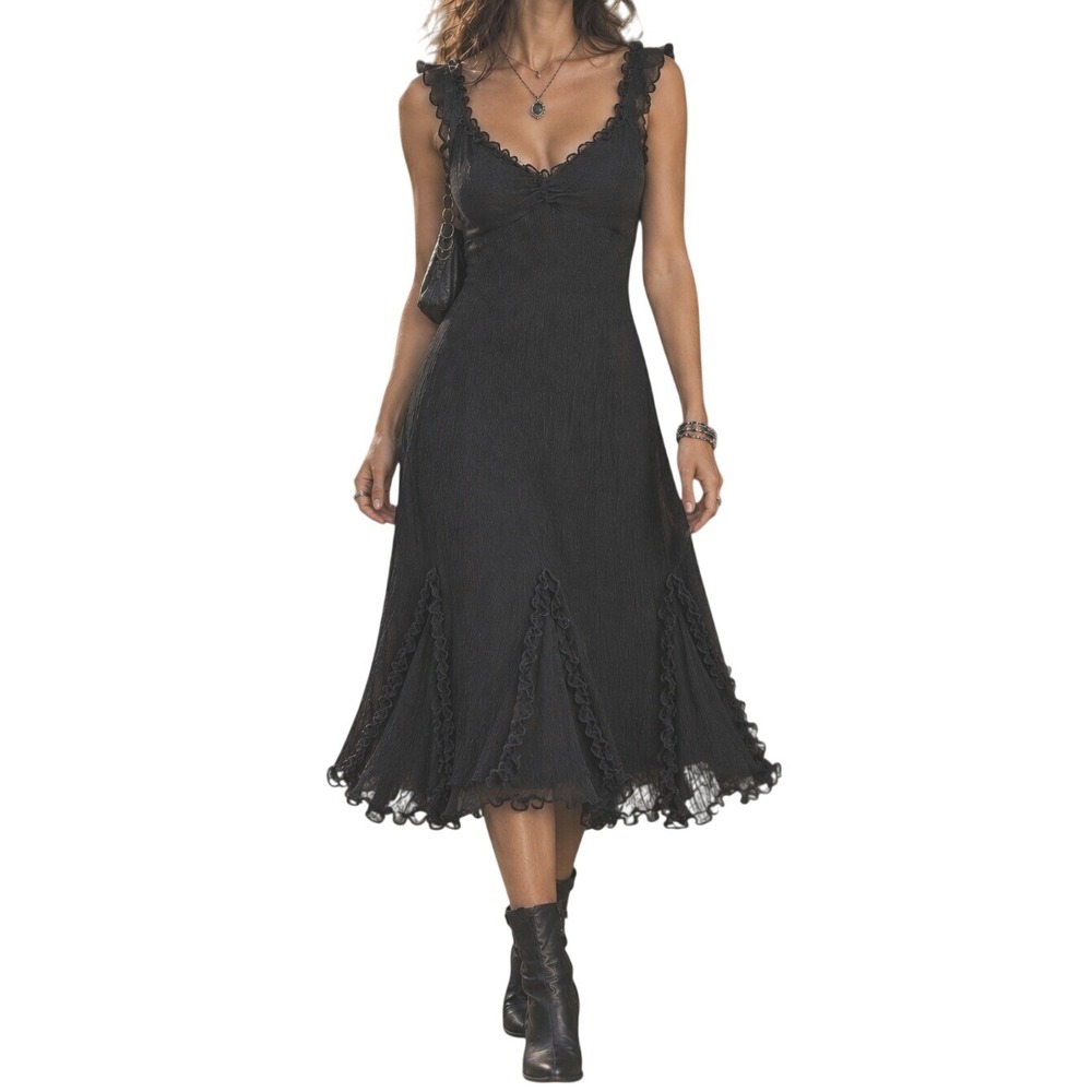 Betsey Johnson Black Label Silk Midi Dress 90's Vtg Crinkle Ruffle Lettuce Hem